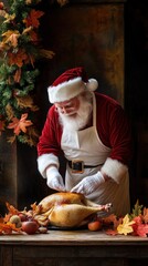 Wall Mural - Santa claus wearing apron preparing roast turkey for christmas dinner