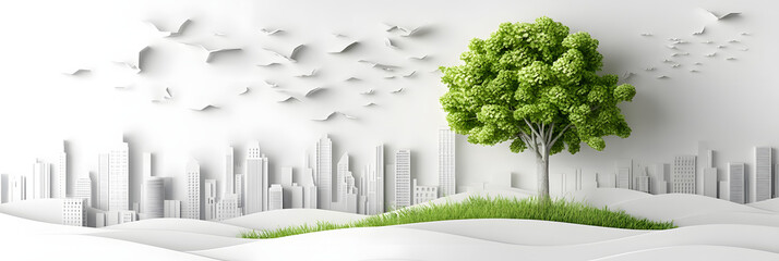 Wall Mural - The person who knows. Tree, Achieve sustainable growth, World Environment Day. White eco urban city and nature landscape background paper art style.	