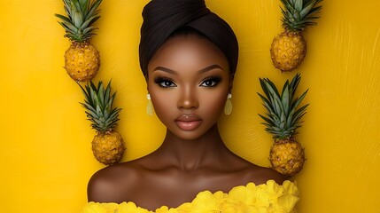 Generative AI Image of Beautiful Gracefully Woman Standing with Fresh Pineapple Yellow Background