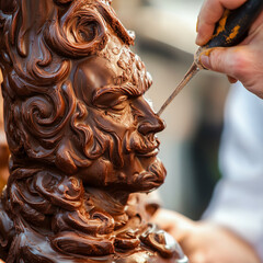 Chocolate sculpture being carved at Eurochocolate, rich dark chocolate texture under soft natural light, festive and artistic atmosphere, blurred background with spectators and festival stalls