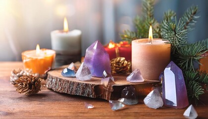 Gemstones crystals, candle and natural winter decor on windowsill. Witchcraft esoteric Ritual with energy healing minerals. Christmas, Magical Winter Solstice