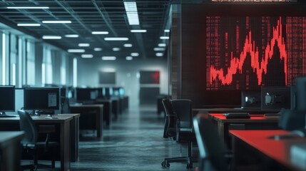 Canvas Print - A modern office space with empty desks and a large screen displaying a fluctuating red financial graph, suggesting a high-tech trading environment.