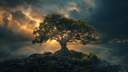 Wall Mural - A tree is on a hill with a cloudy sky in the background