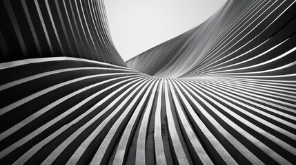 A black and white photo of a building with a lot of lines