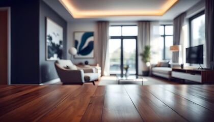 Empty Polished wooden table with modern living room blurred background, Empty Wood table with blurred modern apartment interior background, Empty wooden tabletop with blur living room background