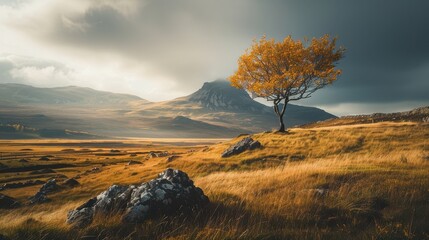 Wall Mural - A tree stands in a field of grass and rocks