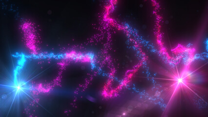 Wall Mural - Blue and Pink Wavy Light Lines Crossing Turbulence Particles and Lens Flares, Widescreen 4K Resolution