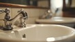 © anonymous - A close-up of a bathroom sink with chrome faucets and a blurred background.