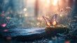 © Sadia - A colorful butterfly resting on a mossy log in a tranquil forest during golden hour