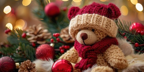 Wall Mural - A teddy bear is sitting on a Christmas tree with red ornaments and a red scarf