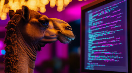 A camel staring at a monitor full of perl code programming language developer