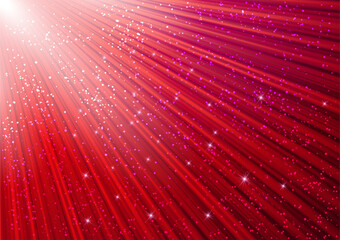 Wall Mural - Sparkling glitter and glowing rays with shiny stars. Christmas red background.