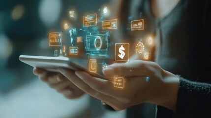 Digital Banking and Financial Technology Concept. A person presents digital banking and financial technology icons, and currency symbols, emphasizing modern online payment systems and e-commerce.