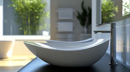 Modern bathroom with two elegant sinks and natural light.