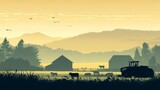 Tractor barn and farm animals in profile view.