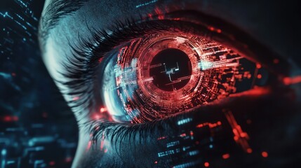 Hacker or AI robot eye in dark tech space, cyborg vision on digital background. Concept of cyber security, technology, future, data, artificial intelligence, hack, network