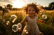 © EduardSkorov - A joyful child chasing bubbles in a vibrant, sunny meadow filled with laughter and playfulness