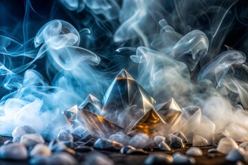 Wall Mural - geometric crystal object in smoke texture on dark background
