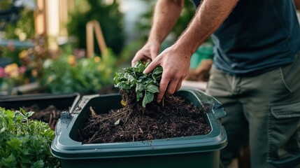 A person gardening by adding plants to a compost bin.