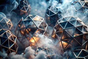Wall Mural - glowing metallic spheres with smoke texture in geometric design