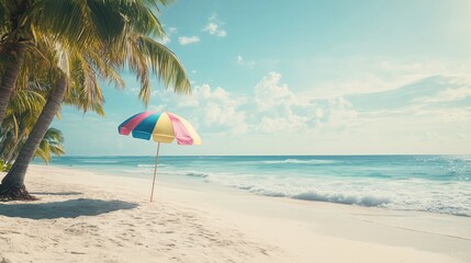 A colorful beach umbrella sits on a pristine, white sand beach with palm trees swaying in the background