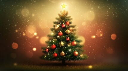 Wall Mural - christmas tree with baubles and blurred shiny lights