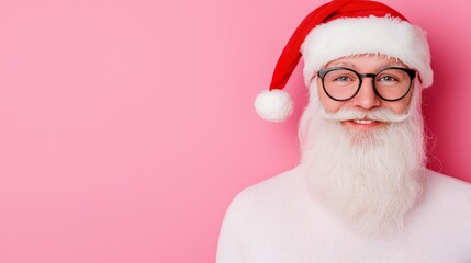 Wall Mural - Happy Santa Claus with White Beard and Glasses on Pink Background