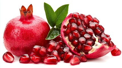 Vibrant pomegranate close-up, isolated on white background, perfect for fresh produce or juice advertisements, clean and striking design