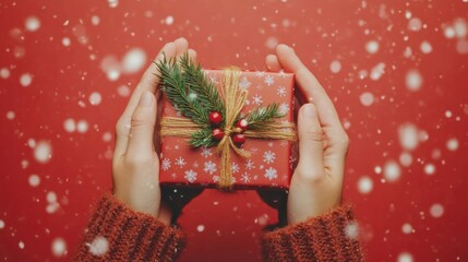 Sticker - Female's hands in pullover holding Christmas gift box decorated with evergreen branch on red background with snow. Christmas and New Year banner.