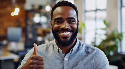 handsome man in a suit is smiling and giving a thumbs up at his desk