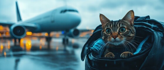 Sticker - A cat looking out of a bag at a plane. AI.