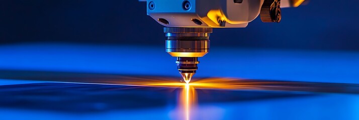 A captivating photograph of a young physicist using a laser cutter in a workshop, demonstrating advanced physics principles through practical applications, isolated on a rich blue background,