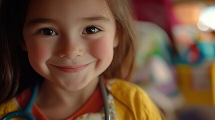 Canvas Print - A young girl smiles brightly while wearing a stethoscope. AI.