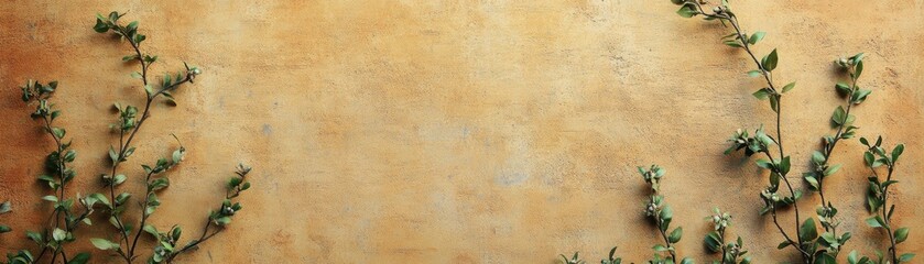 Wall Mural - Rustic Yellow Wall with Green Foliage Branches and Copy Space Nature Background