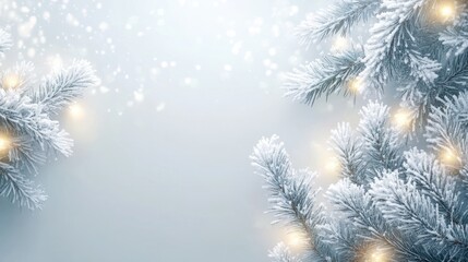 Sticker - White Christmas background with spruce frosty brunches and Christmas lights