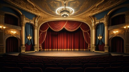 A vintage theater interior with aged, velvet curtains and golden trim, set against the backdrop of an ornate stage with antique lighting fixtures and historical architectural details.