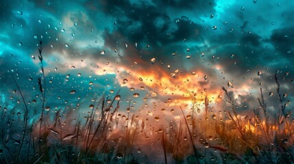 Wall Mural - A view of a field with rain drops on it. AI.