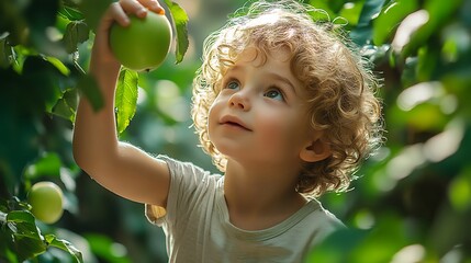 Generative AI Image of Little Boy Picking Apples in Apple Orchard on Sunny Day