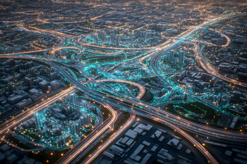 Canvas Print - Futuristic city with glowing lines representing communication and connectivity.