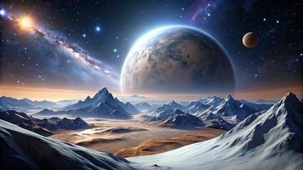 Wall Mural - a celestial panorama showcasing a majestic alien landscape, where towering snow-capped mountains ris