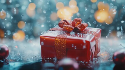Wall Mural - a festive red gift box displays a sparkling ribbon while snow falls