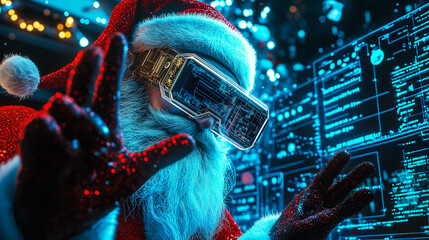 Santa Claus interacts with a hologram. The concept of blending tradition with futuristic technology and innovation. Generative AI.