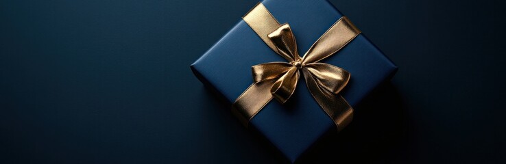 Dark blue gift box with golden ribbon on deep background. Ideal for gift cards. Banner.