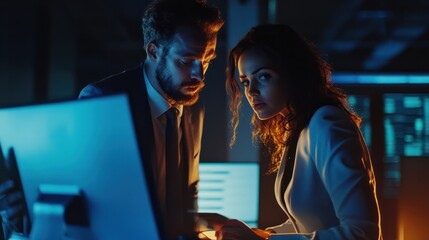 Man and woman analyzing charts in office