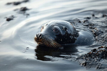 A seal swimming near an oil spill in the ocean, with black residue in the water