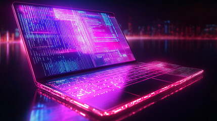 A futuristic laptop with glowing neon lights and code on the screen against a city skyline.