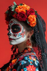 A woman dressed in traditional Day of the Dead attire poses elegantly, showcasing intricate sugar skull makeup and a floral crown, embraced by a bold red background