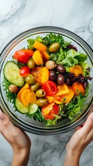 A person holds a large glass bowl filled with a colorful salad made of fresh greens, ripe tomatoes, cucumbers, and olives, celebrating World Vegan Day