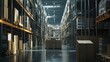 © Business Pics - Large industrial warehouse with high racks. In the foreground are a lot of cardboard boxes.
