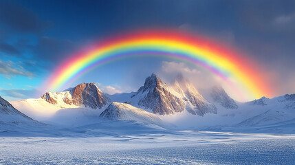 Winter, landscape and rainbow in Mountain forest with snow on trees in countryside, environment or woods. Sunshine, clouds or peace in nature with colors in sky like heaven